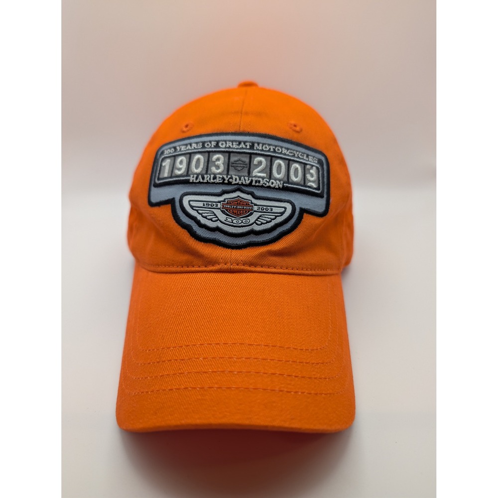 Harley Davidson Hat Mens OSFA Orange Excellent 100th Anniversary Biker Cap